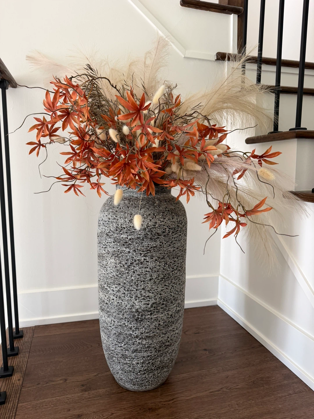 Crate and barrel Large Speckled Grey Vase with Fall Floral