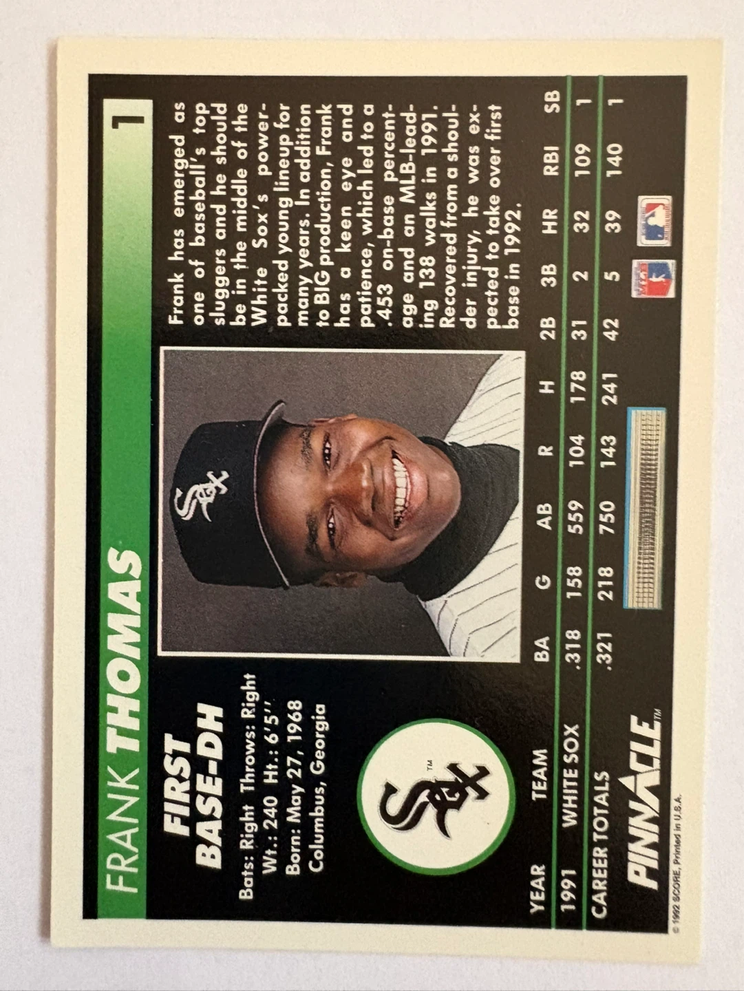 1991 Pinnacle Frank Thomas Baseball Card - photo 2