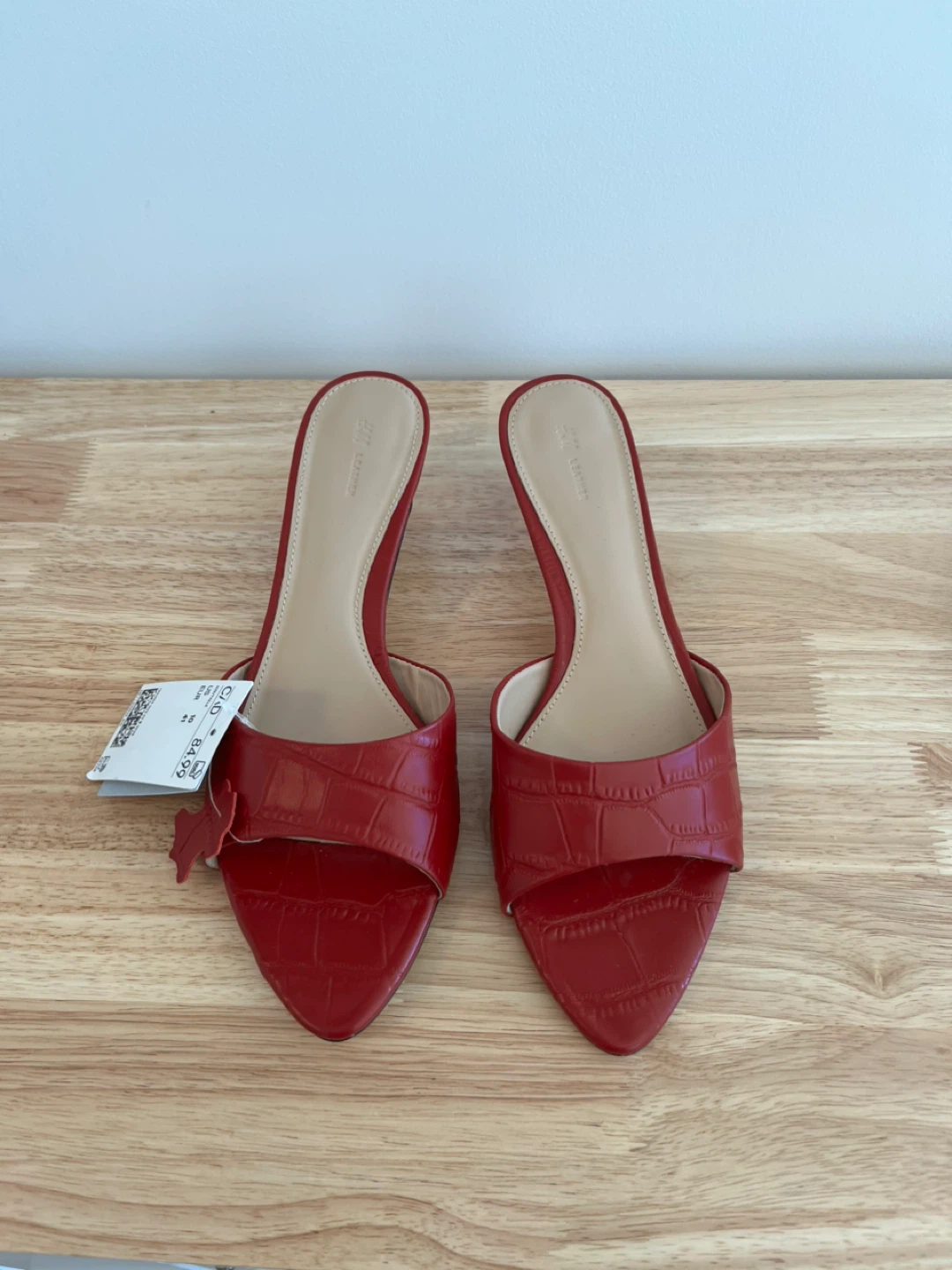 Red leather kitten heel mules