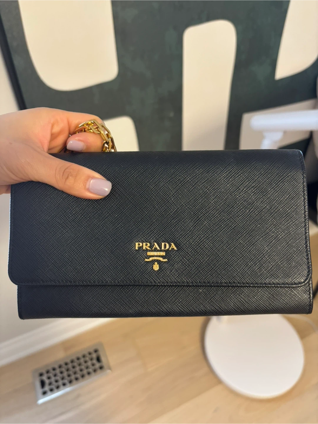 Authentic Prada Black Saffiano Metal Continental Wallet on Chain