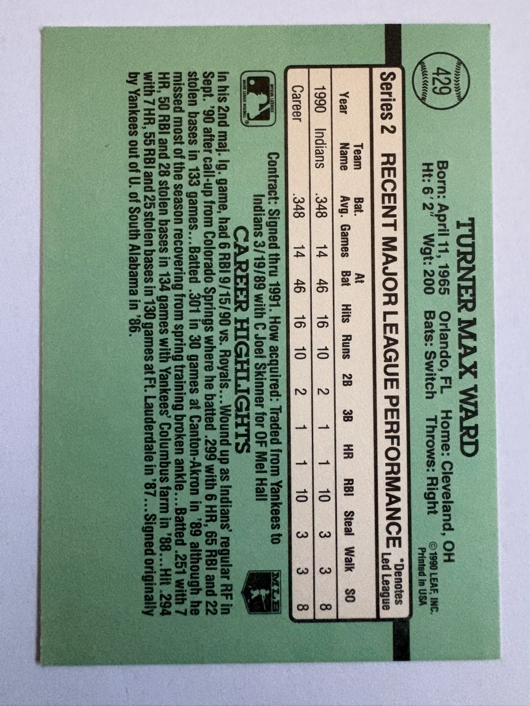 1991 Donruss Rated Rookie Turner Ward Baseball Card - photo 2