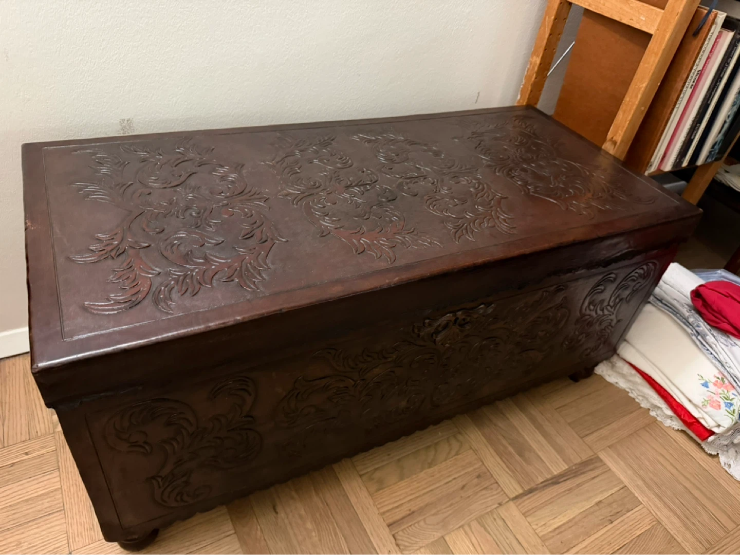 Unique 1960s Vintage Peruvian Leather chest, table and poof