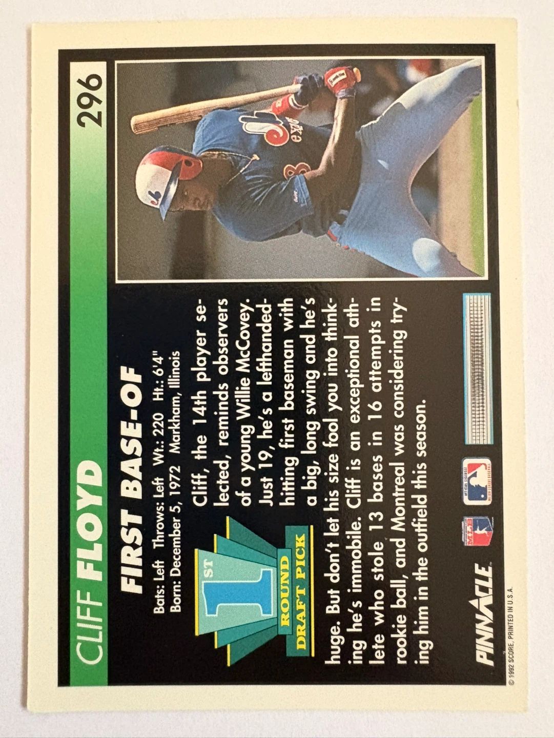 1992 Pinnacle Cliff Floyd Baseball Card #296 - photo 2