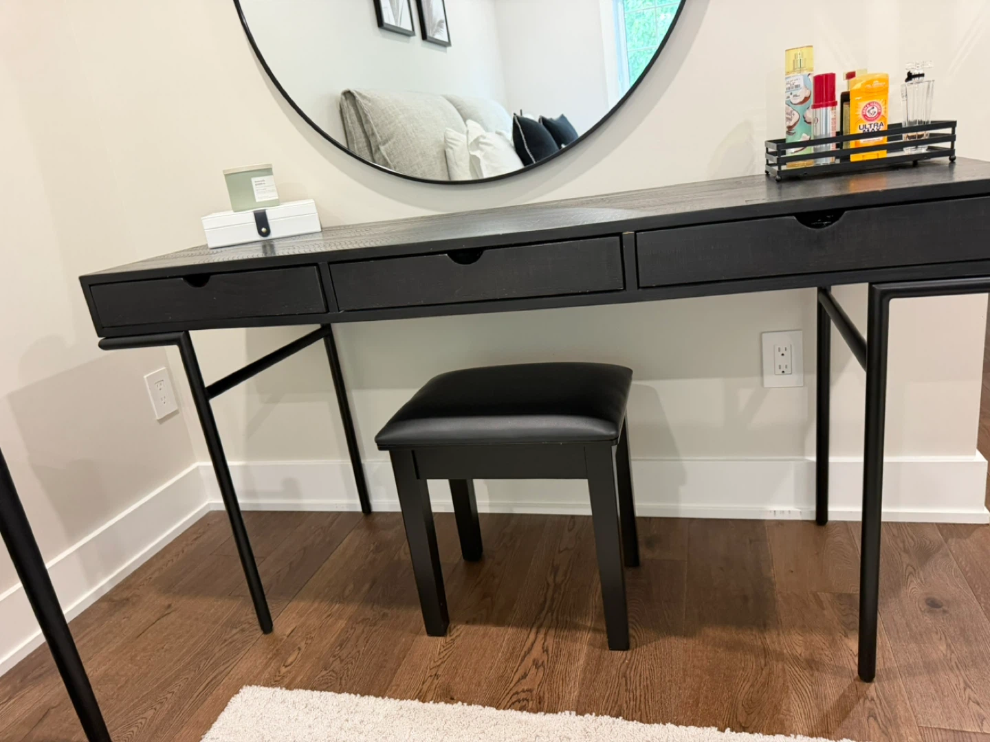 Urban barn Black Vanity Desk, mirror, Stool and 2 night stand