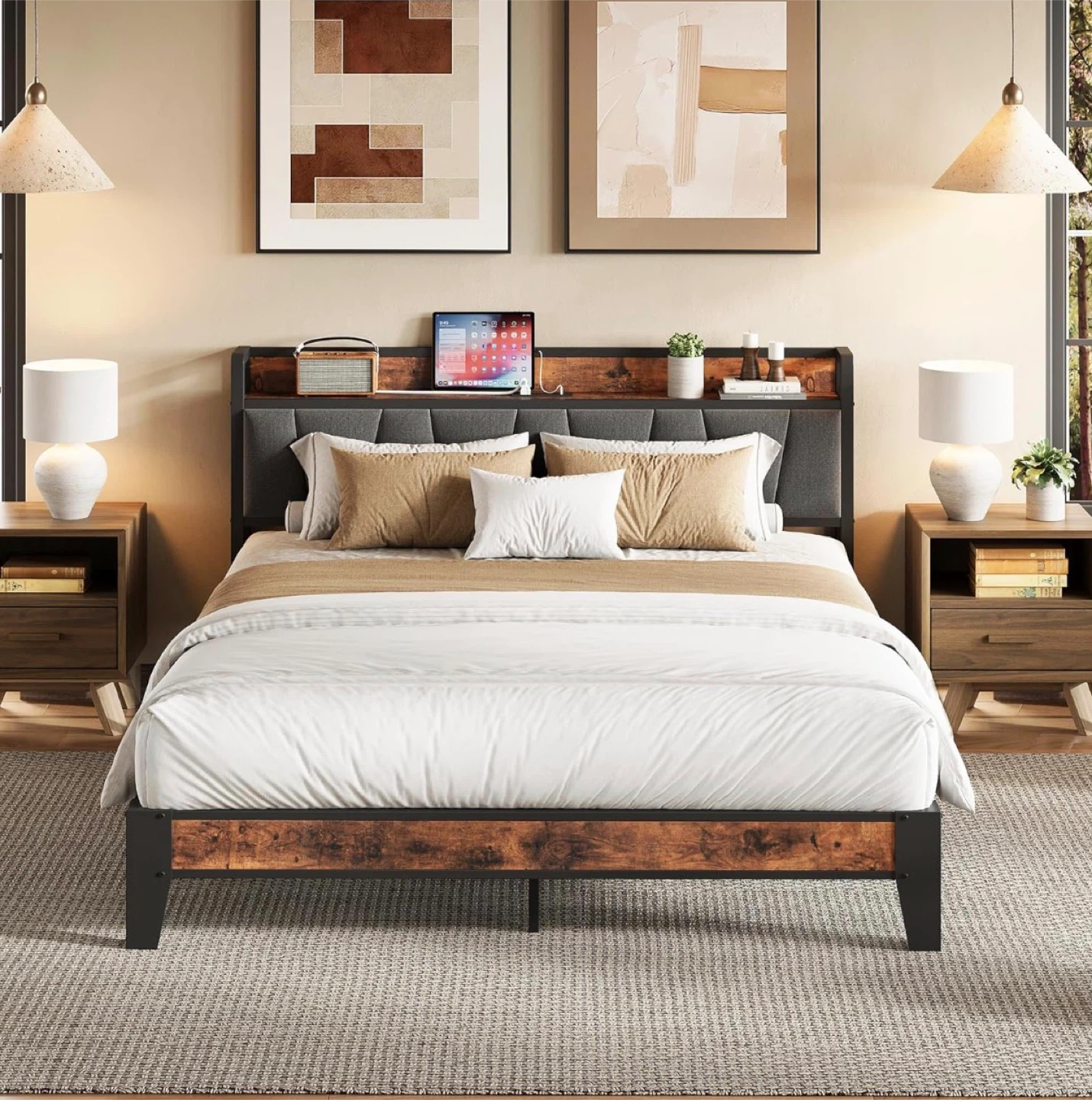 Queen Bed Frame with Charging Station