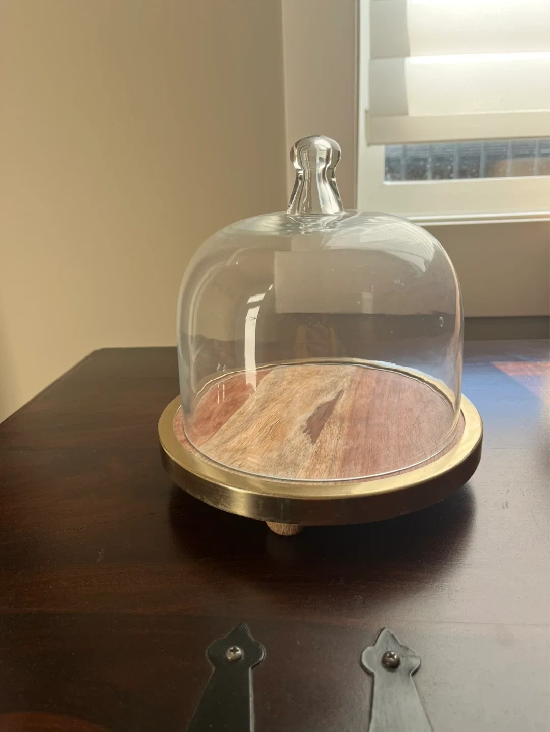 Glass Dome Cake Stand with Wood and Brass Base