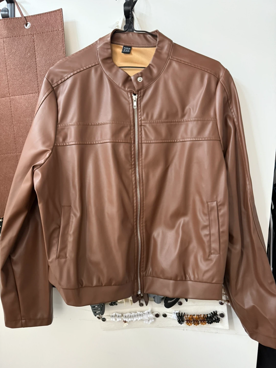 Brown Faux Leather Bomber Jacket