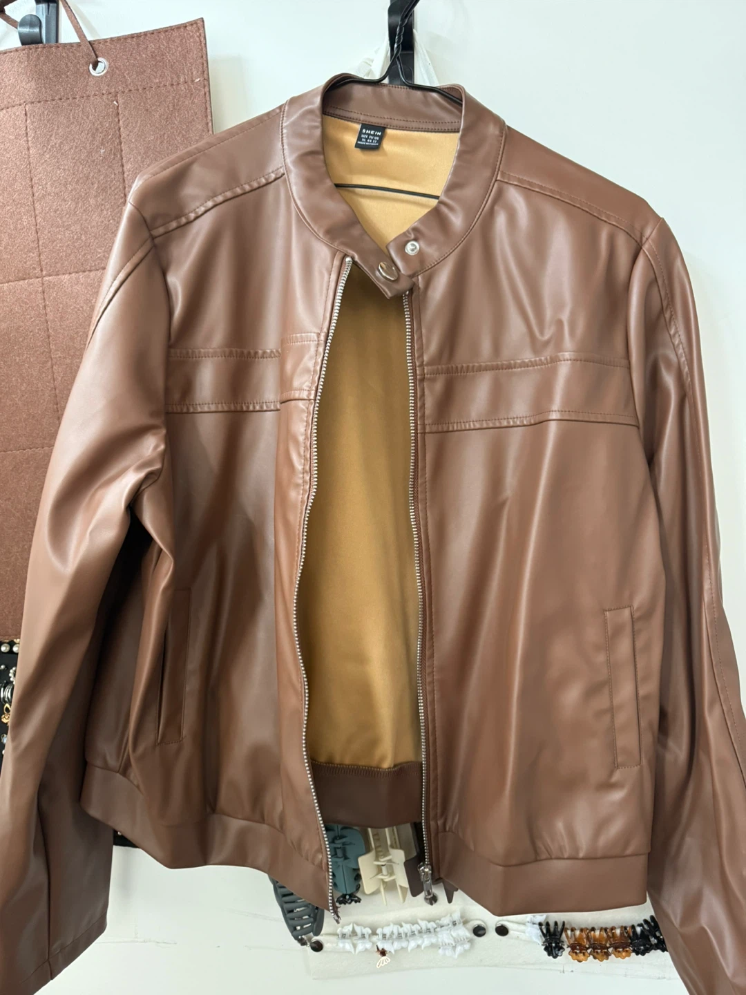 Brown Faux Leather Bomber Jacket - photo 3