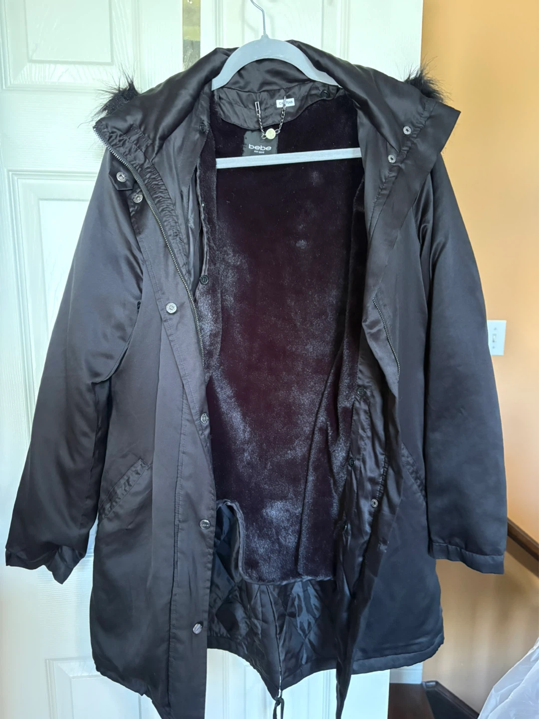 Bebe Black Faux Fur Trim Hooded Parka