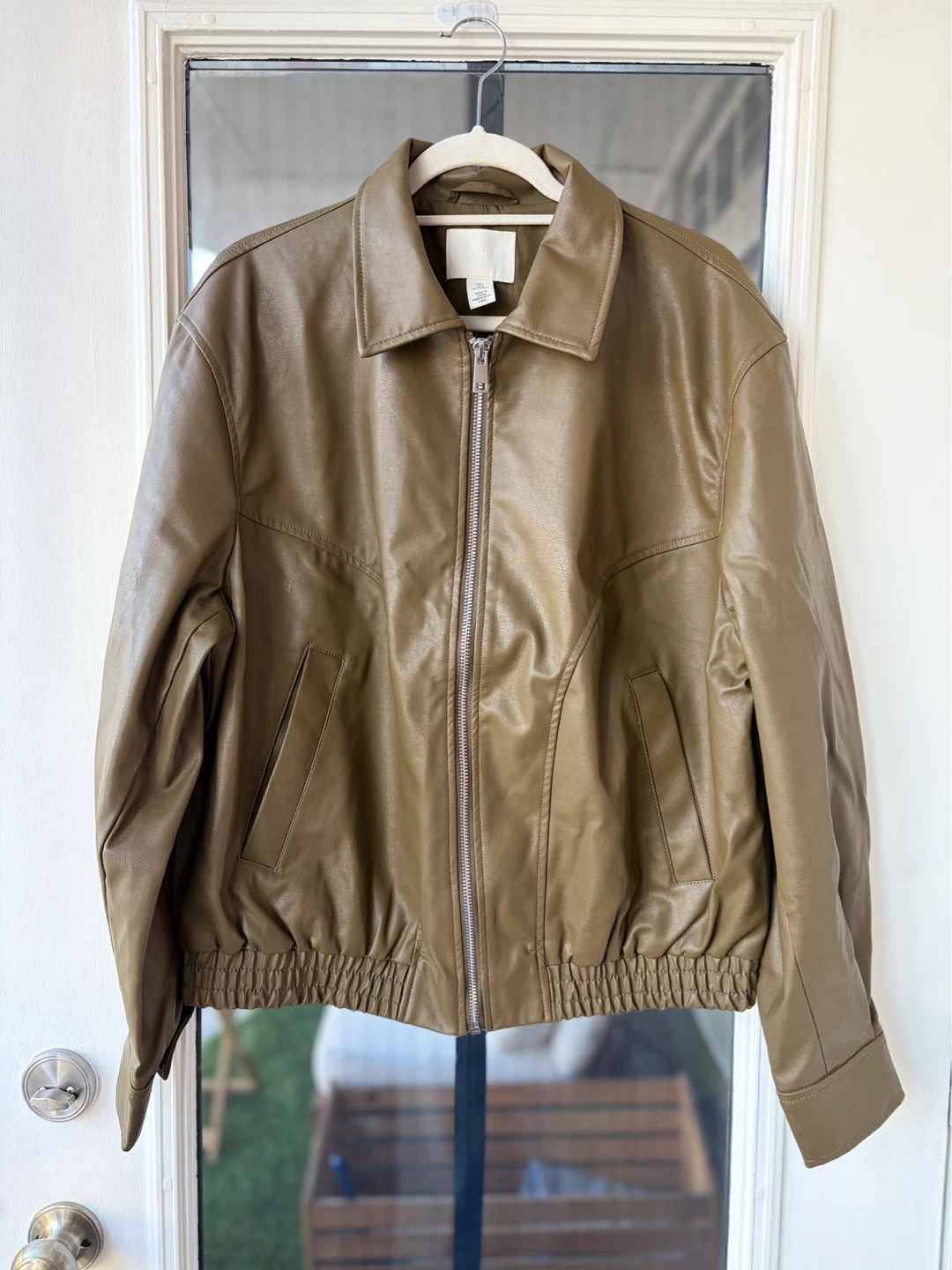 Olive Green Faux Leather Bomber Jacket - photo 2