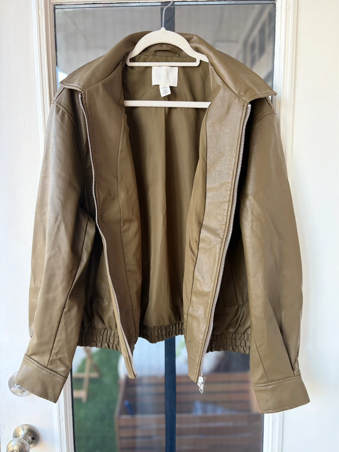 Olive Green Faux Leather Bomber Jacket - photo 4