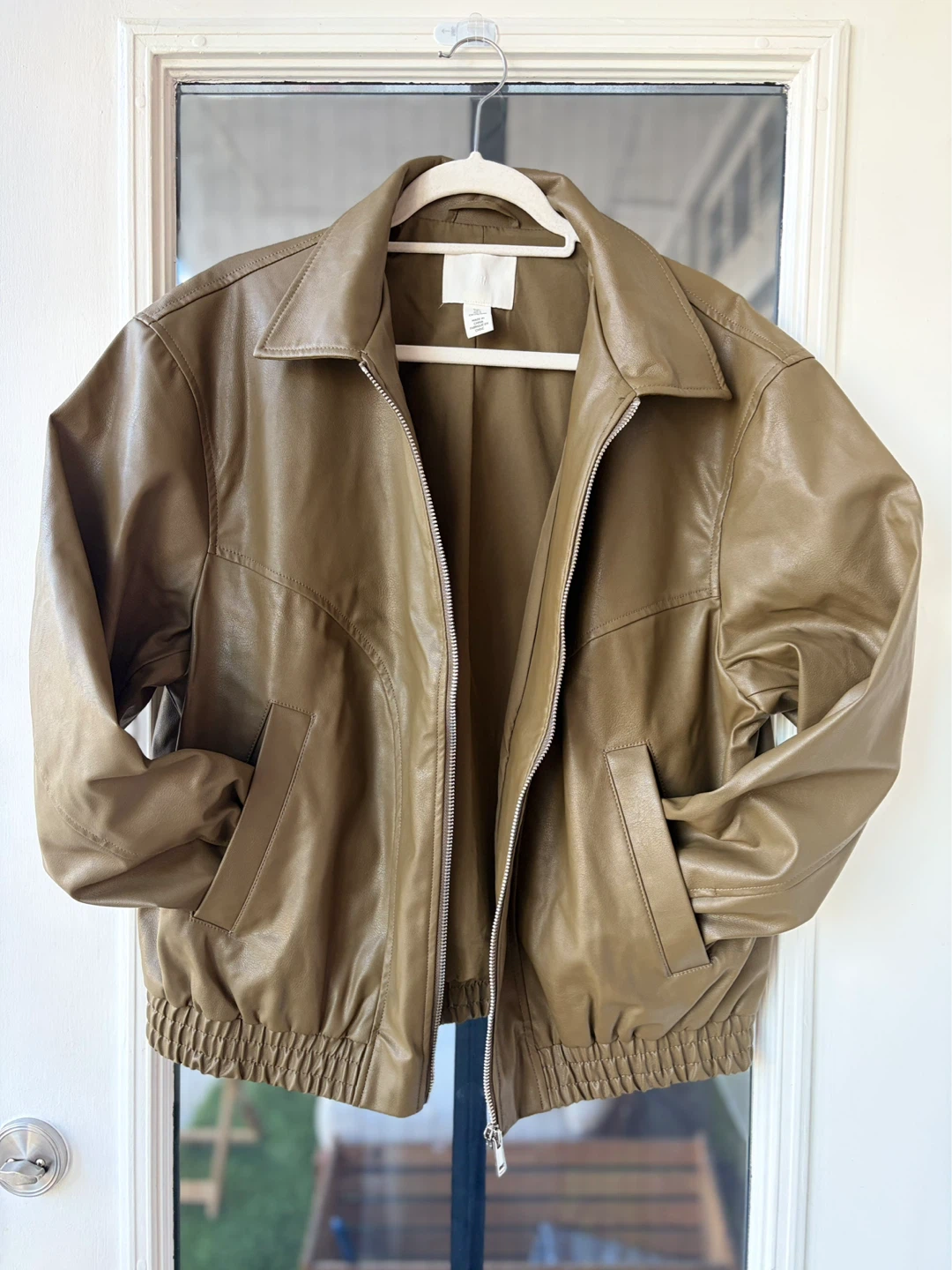 Olive Green Faux Leather Bomber Jacket
