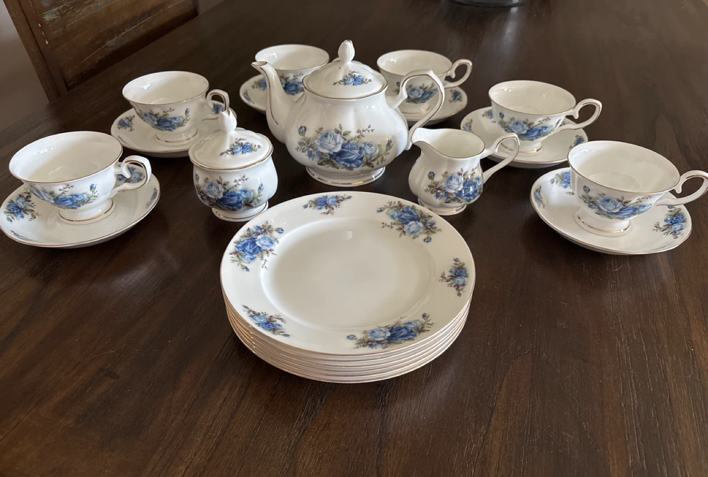 White Teacup and Saucer Set with Blue Roses - photo 2