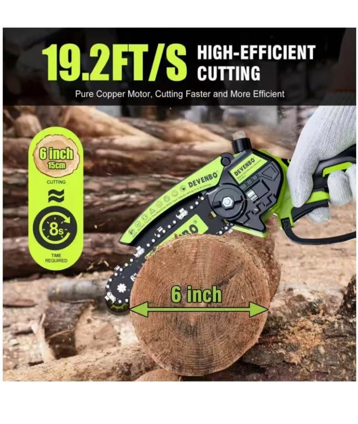 Devenbo Cordless 6-Inch Mini Chainsaw with 2 Batteries 6CM - photo 5