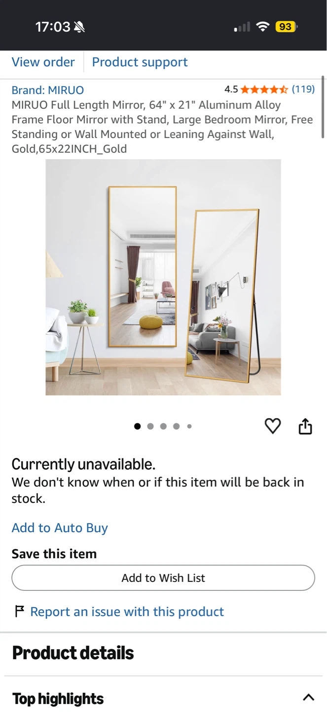 MIRUO Full Length Mirror 65"x21" Gold Aluminum Alloy Frame - photo 3