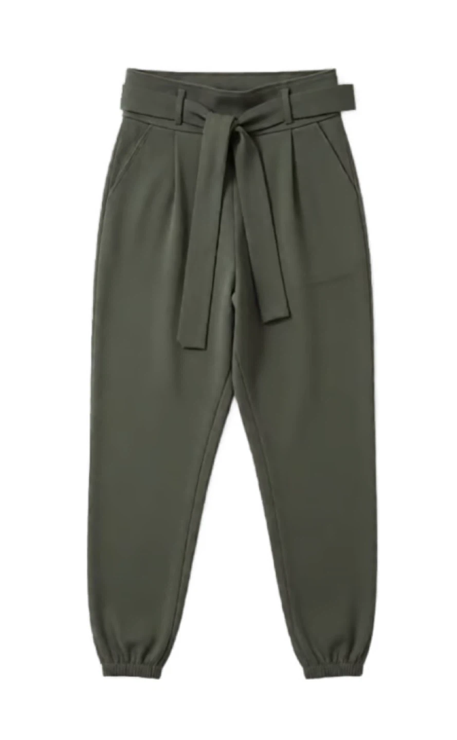 Women's Green Paperbag Waist Pants with Belt