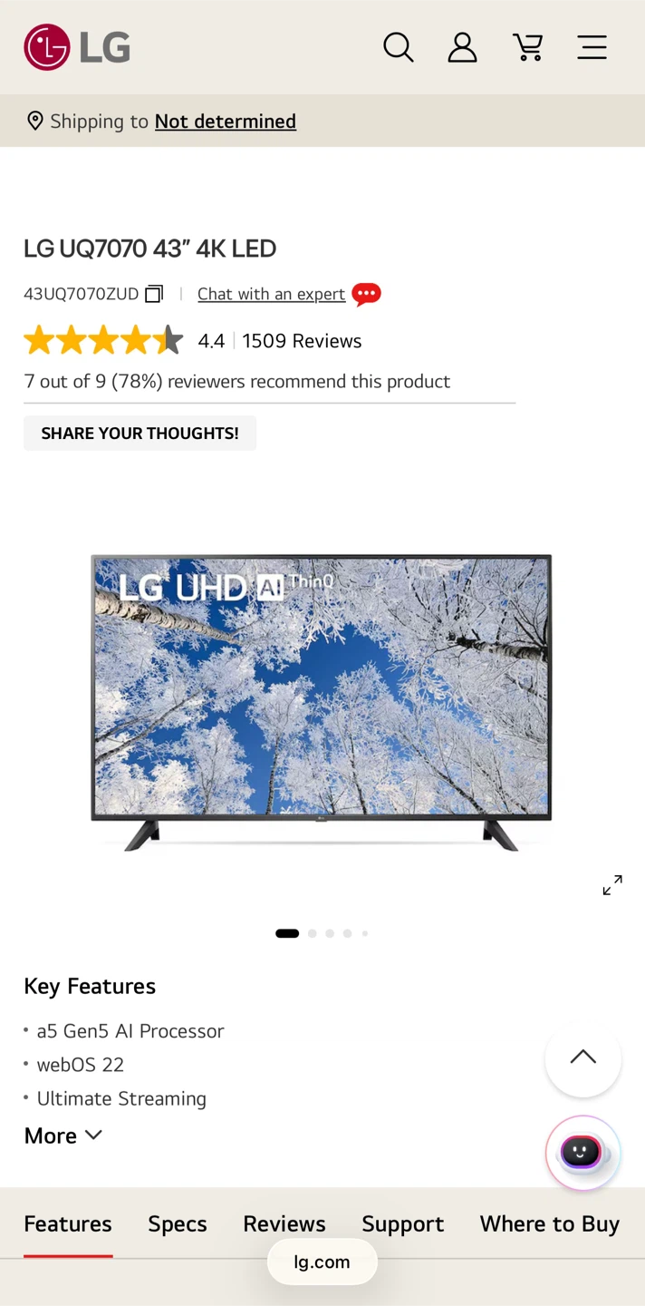 LG UQ7070 43" 4K LED Smart TV