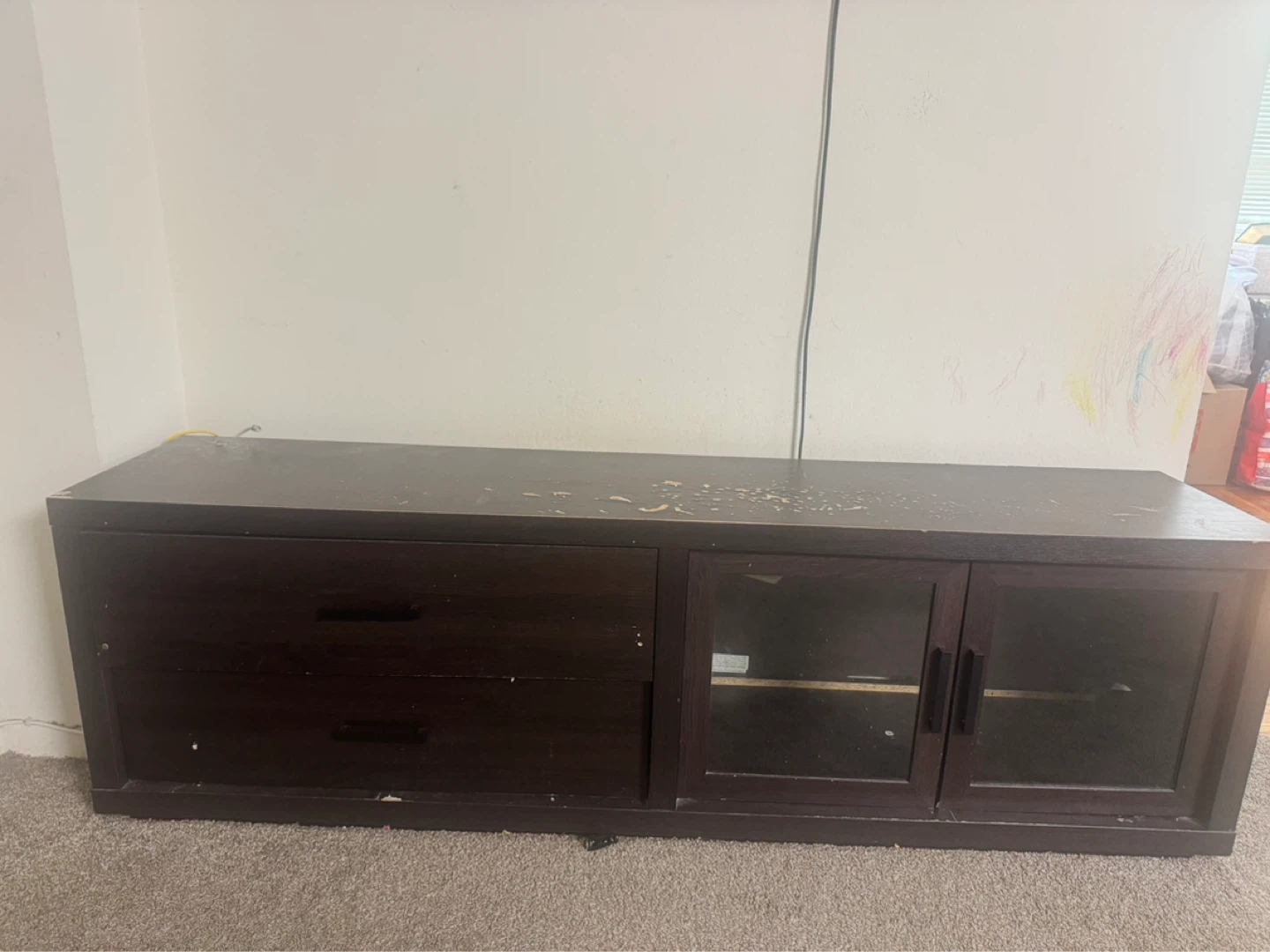 Dark Wood Media Console with Glass Doors