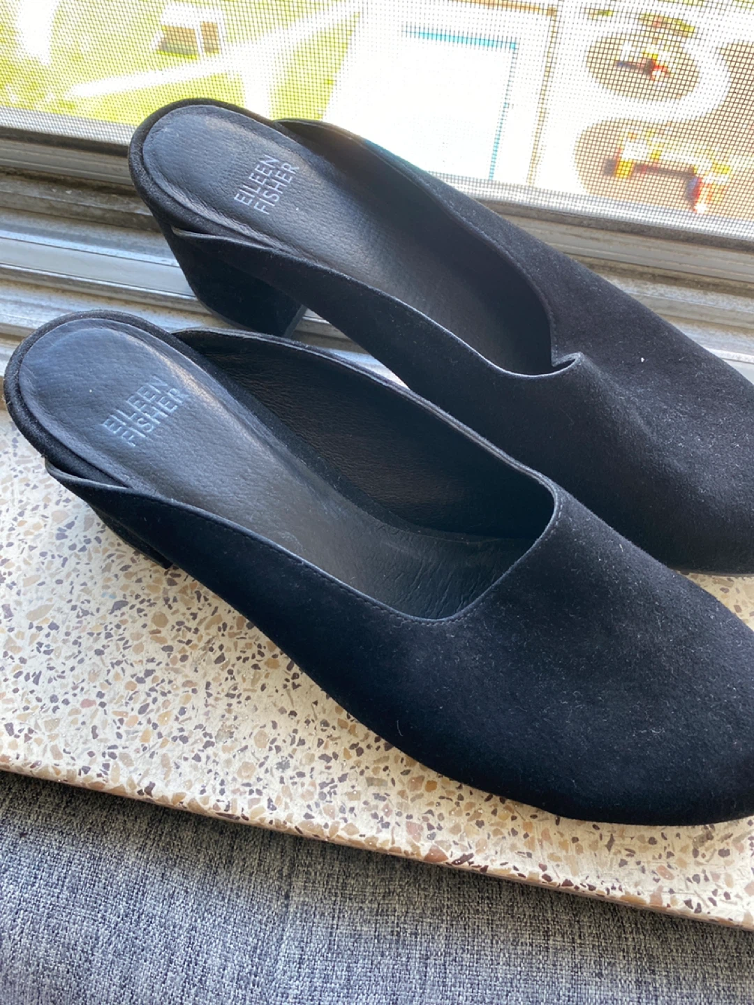 Eileen Fisher Black Suede Mule Heels