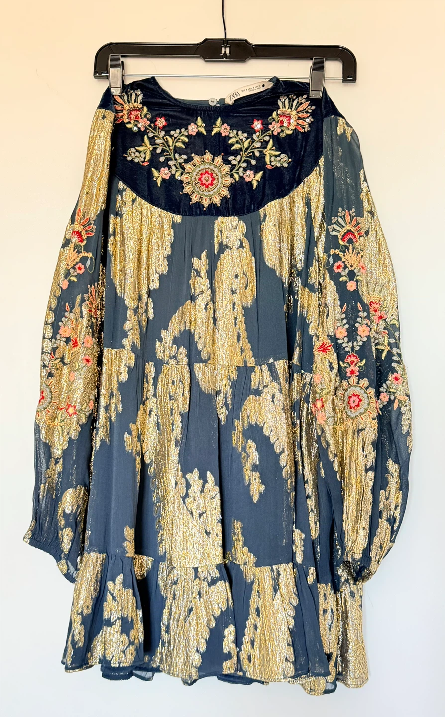 Zara Embroidered Tunic Dress with Gold Metallic Print