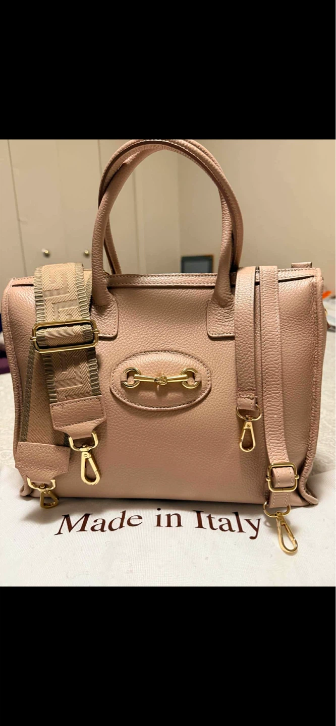 Pink Leather Handbag with Shoulder Strap - Made in Italy