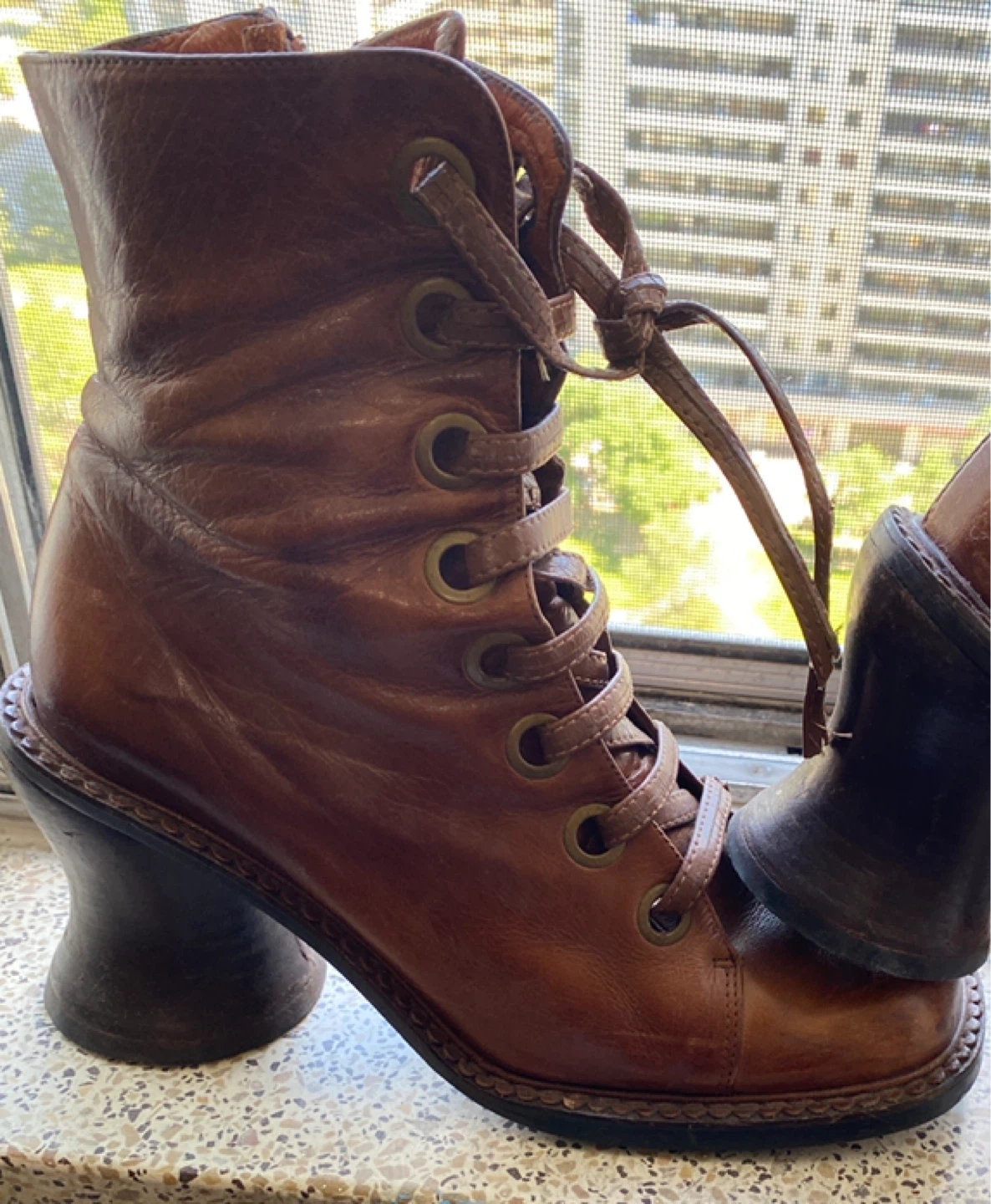 Brown Leather Lace-up Heeled Boots