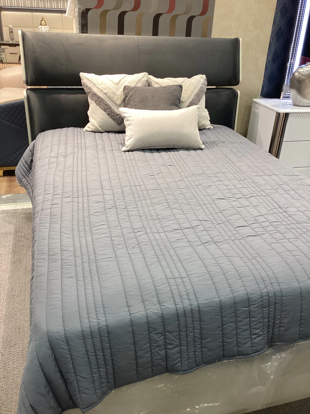 Modern Grey Bed Frame with Upholstered Headboard
