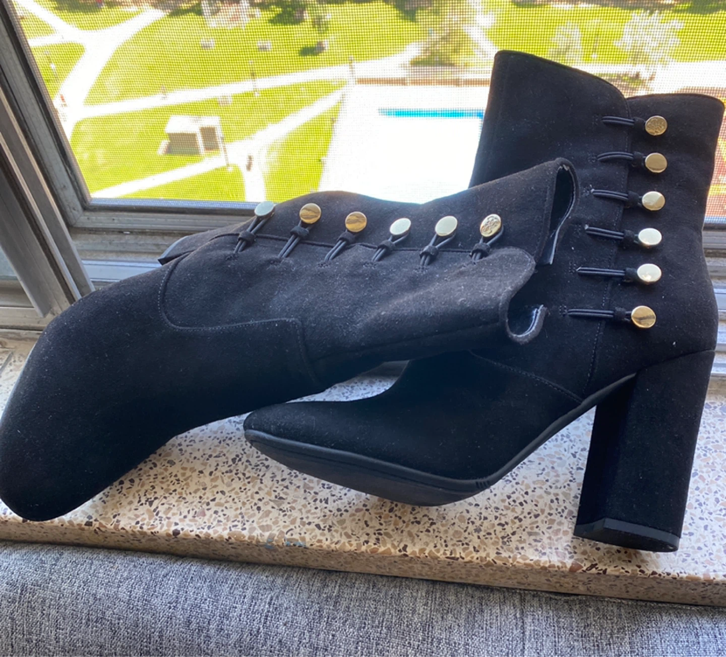 Black Suede Button Detail Ankle Boots
