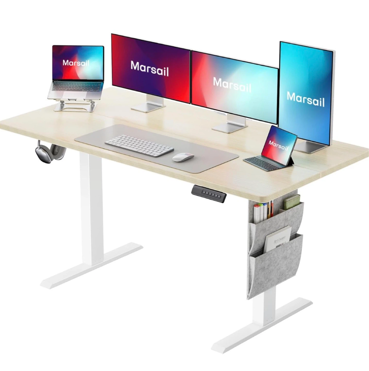 Marsail Standing Desk - White Frame, Wood Top
