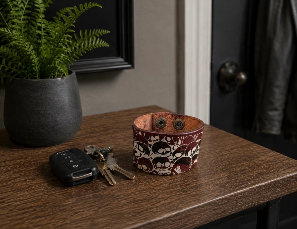 Handmade Leather Skull Cuff Bracelet Gothic Punk