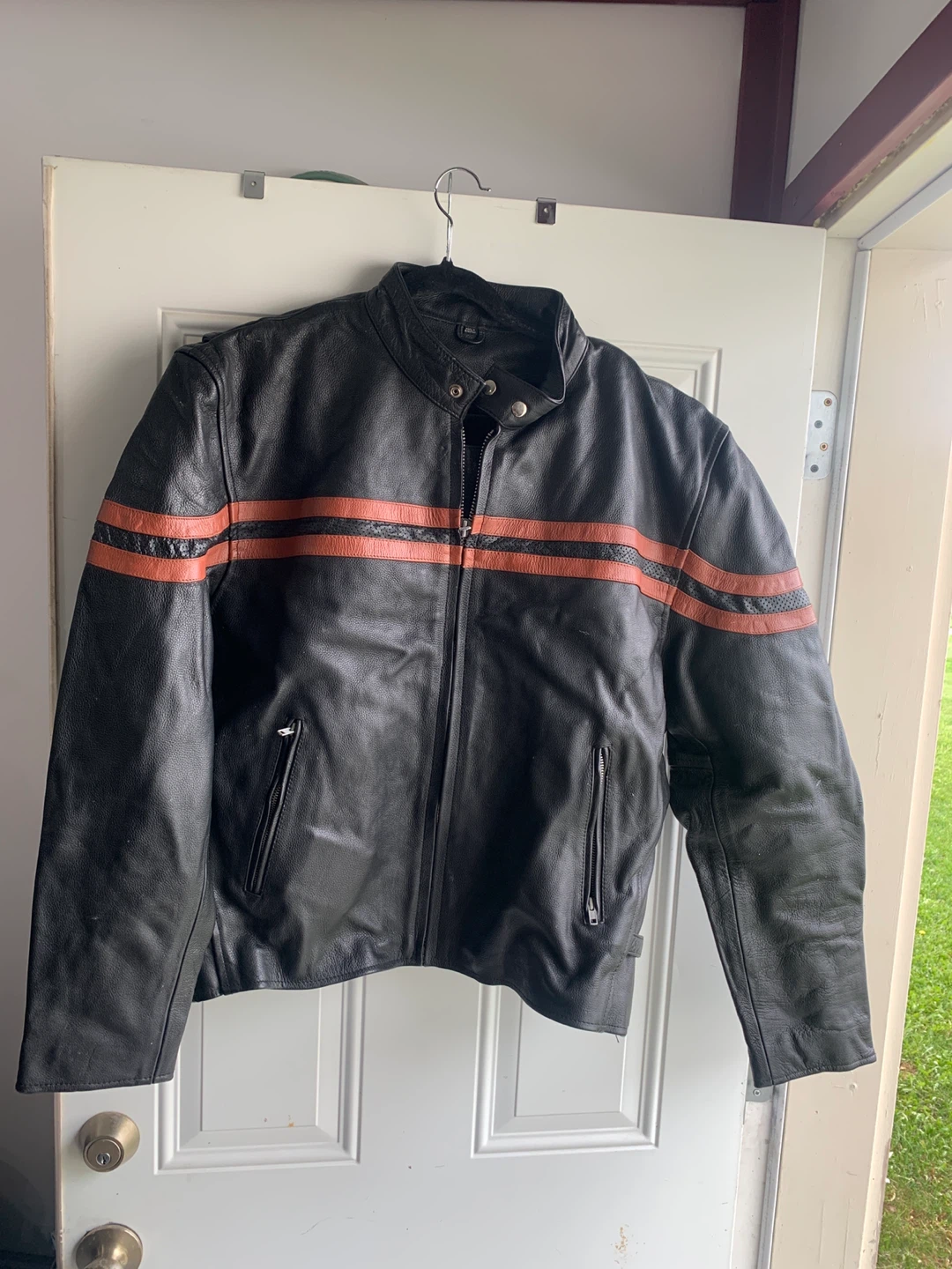 Black Leather Motorcycle Jacket with Orange Stripes
