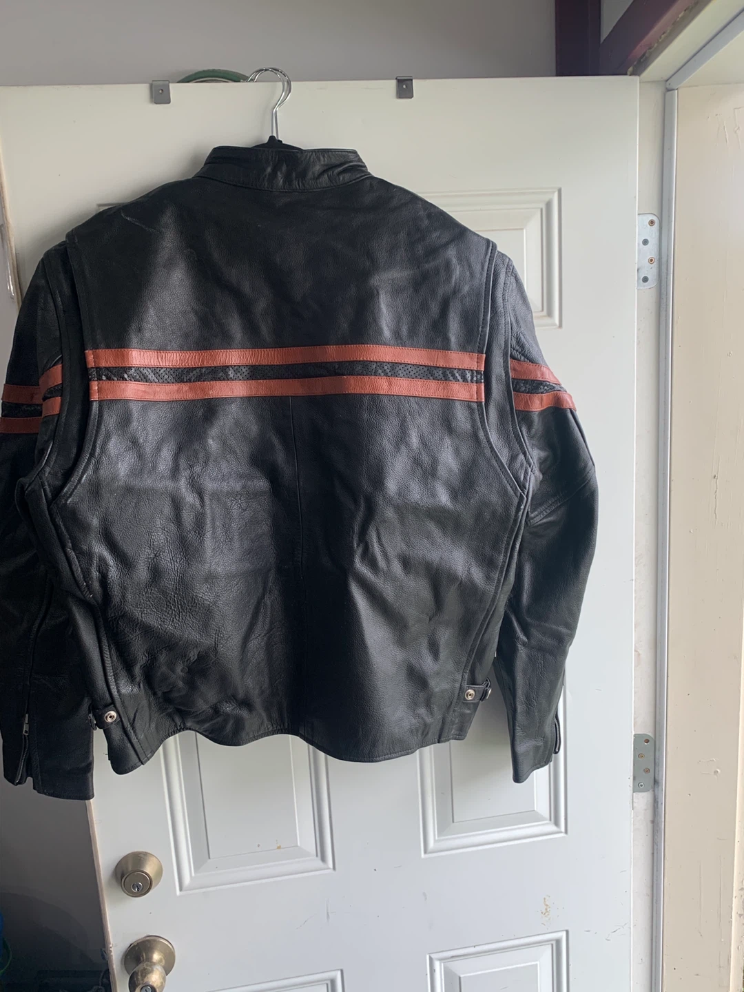 Black Leather Motorcycle Jacket with Orange Stripes - photo 2