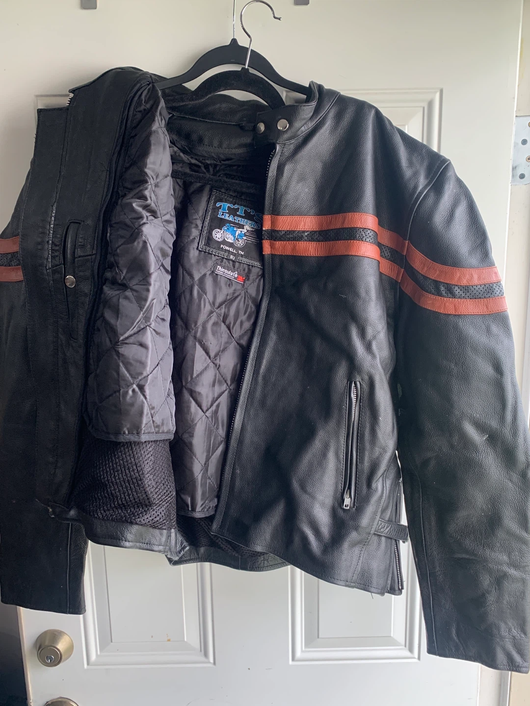 Black Leather Motorcycle Jacket with Orange Stripes - photo 3