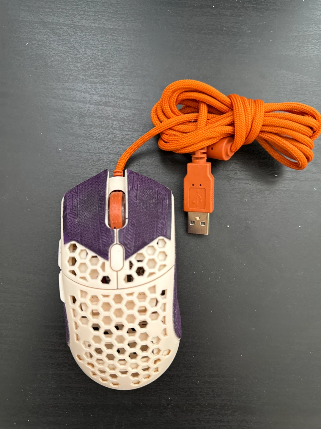 Purple and White Honeycomb Gaming Mouse with Orange Cable