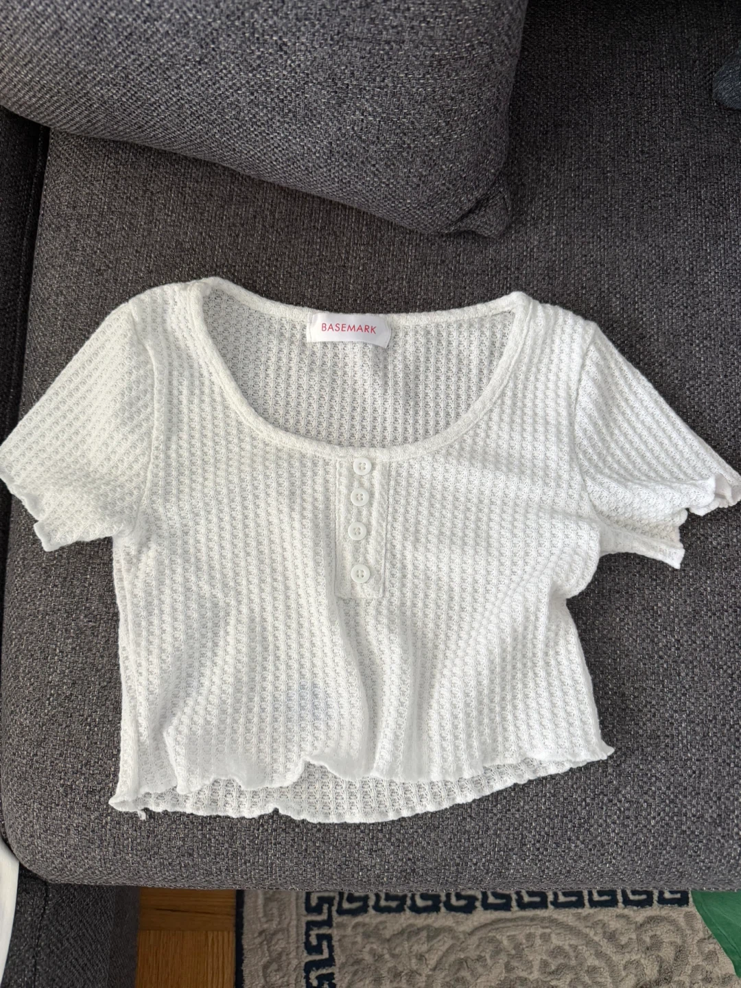 White waffle knit cropped henley top