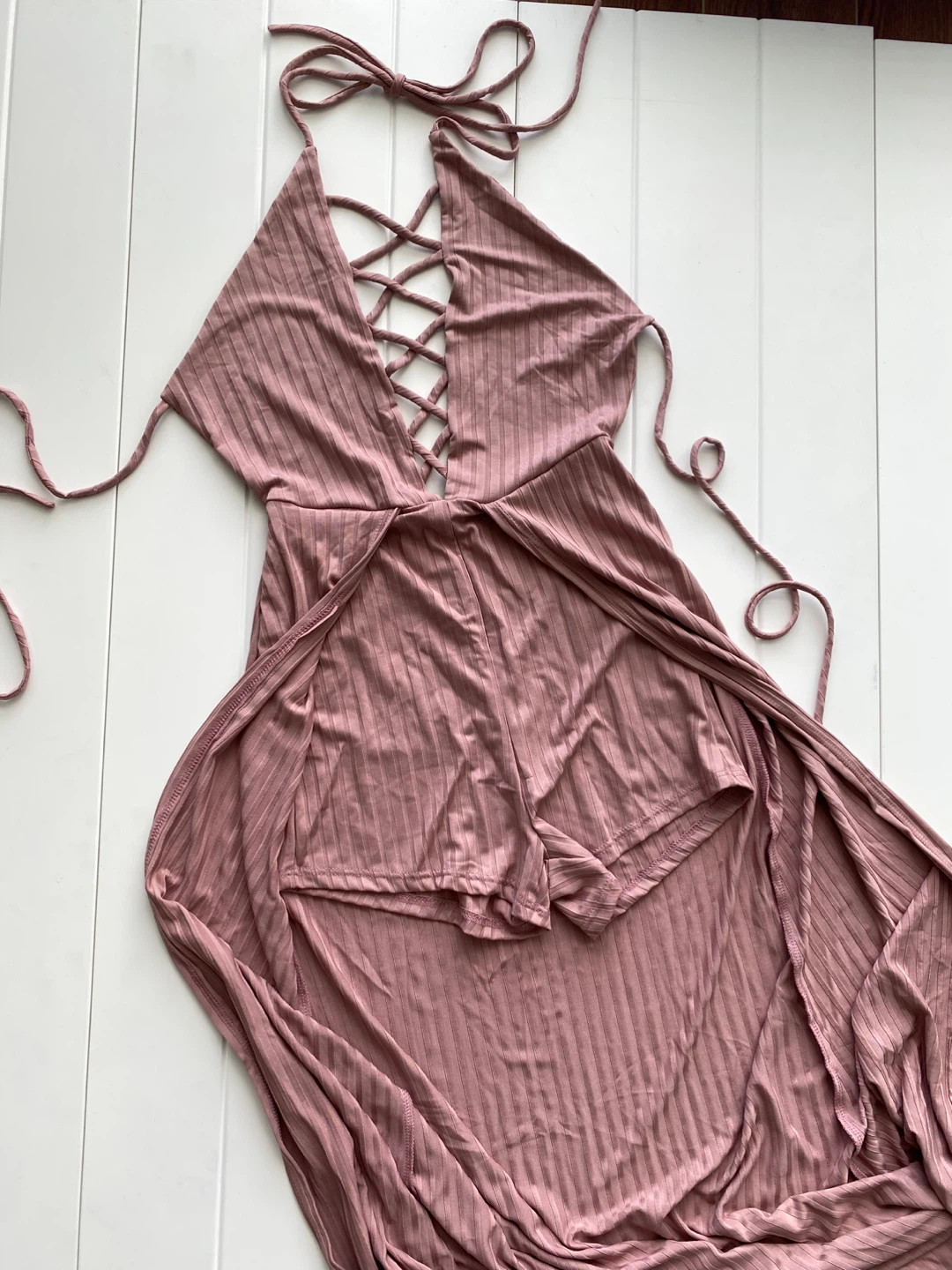 Mauve Lace-Up Romper Dress shorts