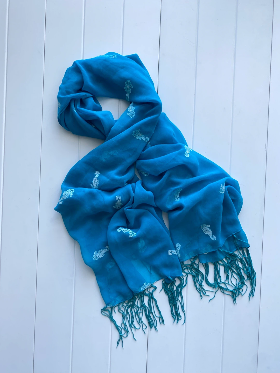 Turquoise Blue fringe Scarf with Seahorse Print