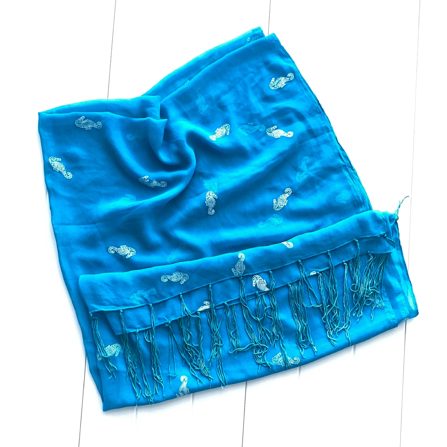 Turquoise Blue fringe Scarf with Seahorse Print - photo 4