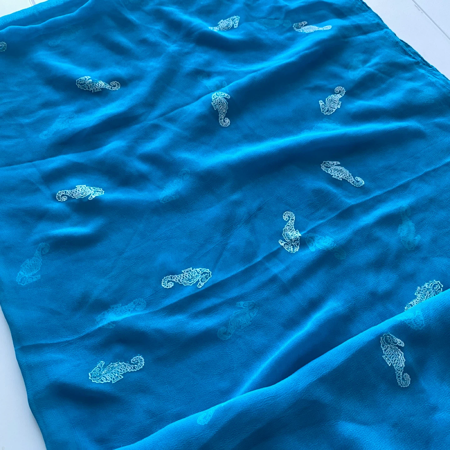 Turquoise Blue fringe Scarf with Seahorse Print - photo 5