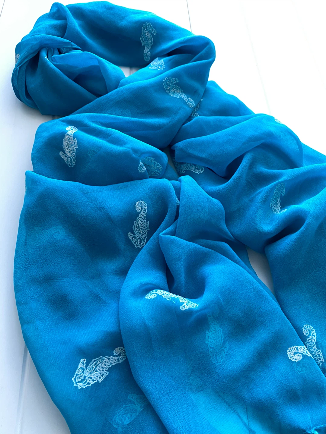 Turquoise Blue fringe Scarf with Seahorse Print - photo 3