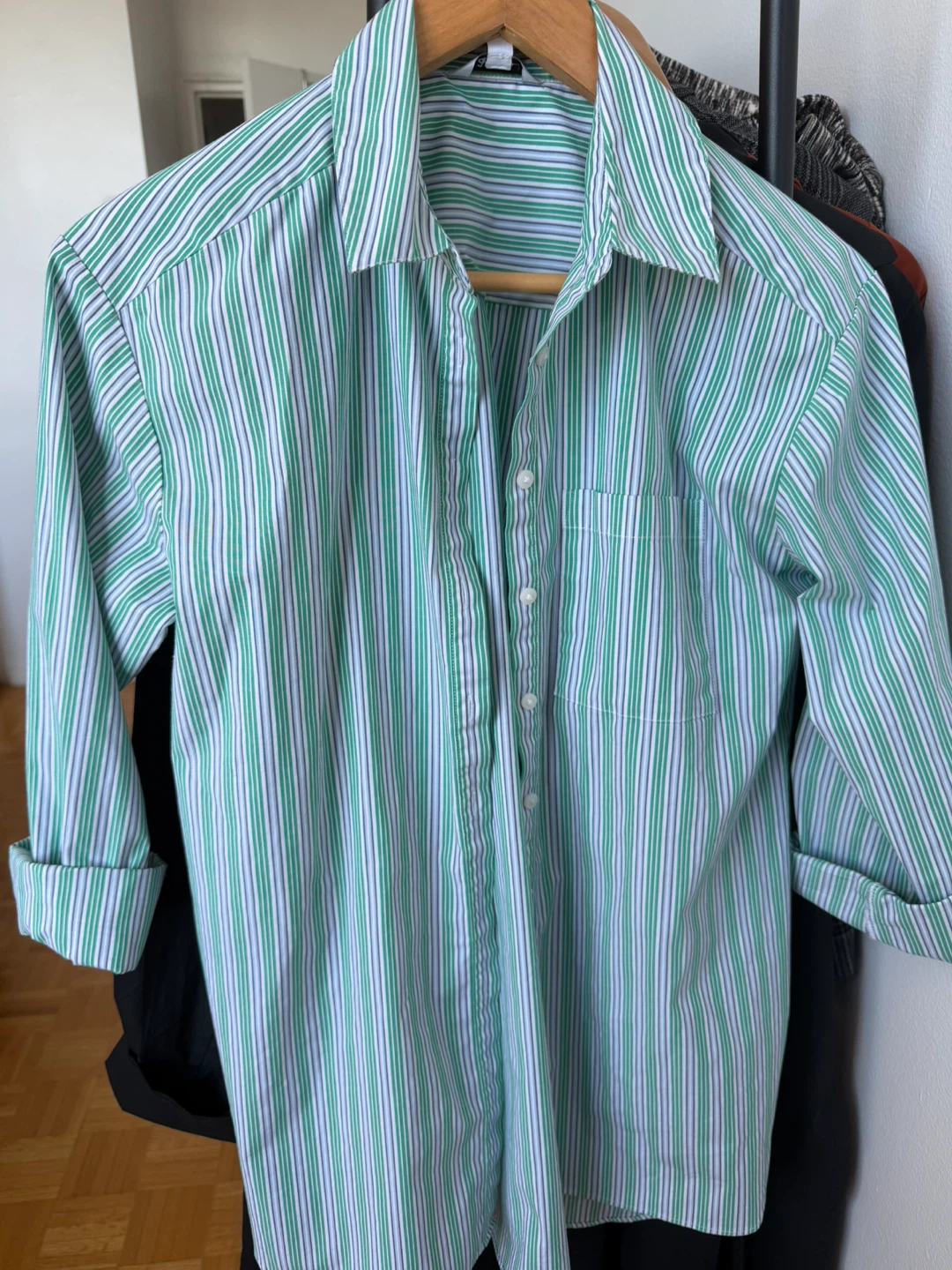 Green and White Striped Button-Up Shirt