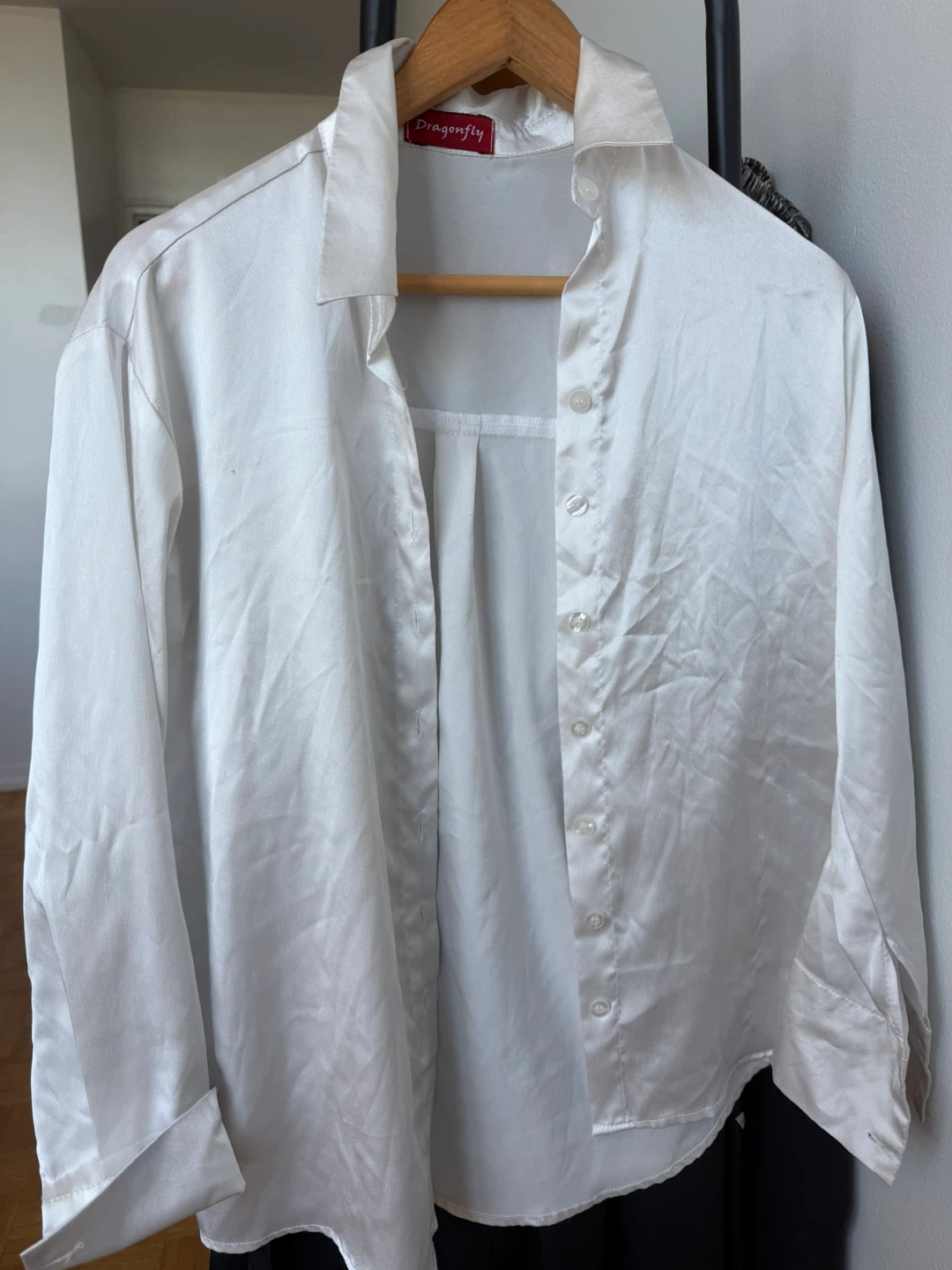 Dragonfly White Satin Button-Up Shirt