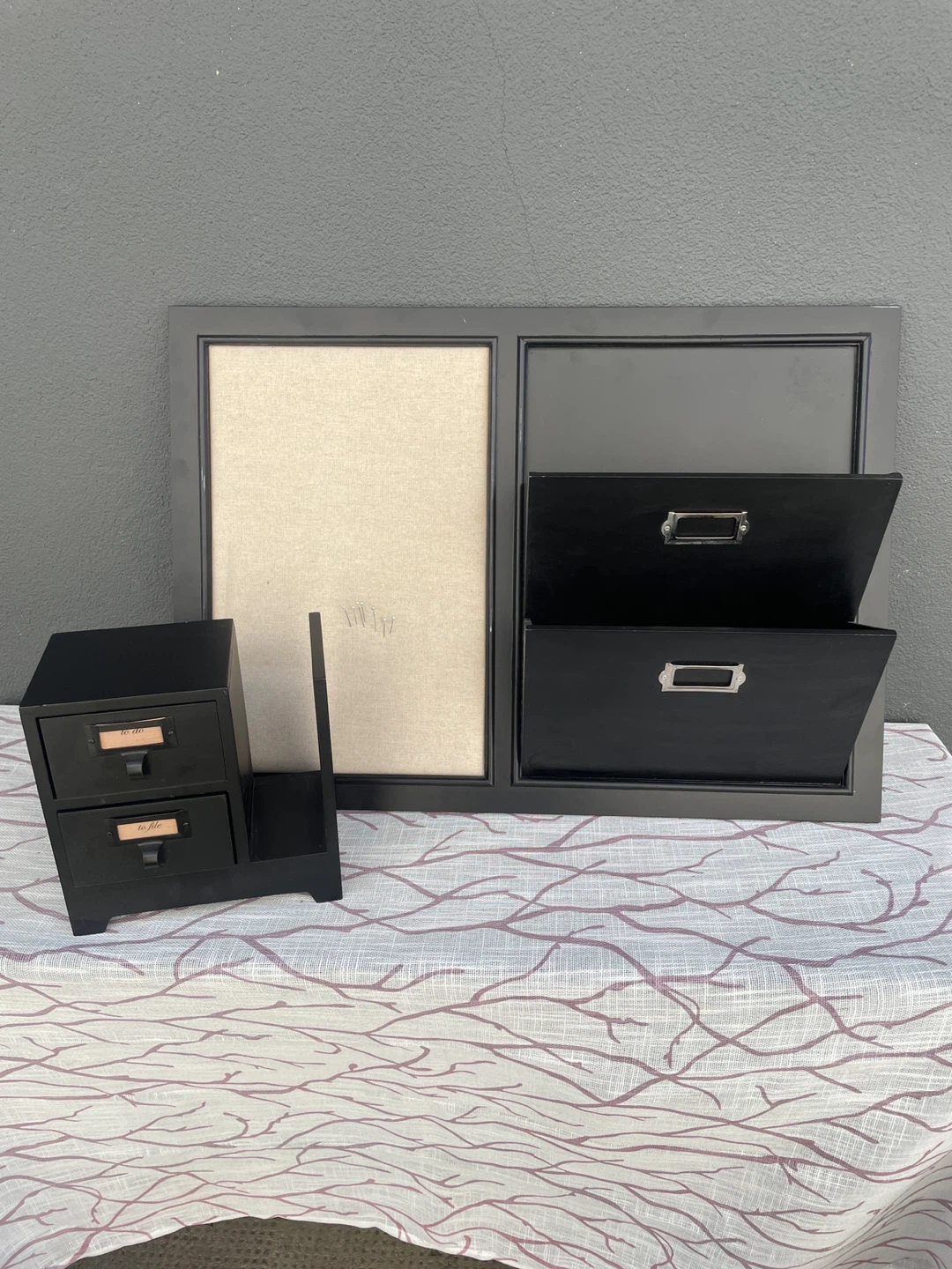 Black Desk Organizer with Drawers and pinboard folder Frame