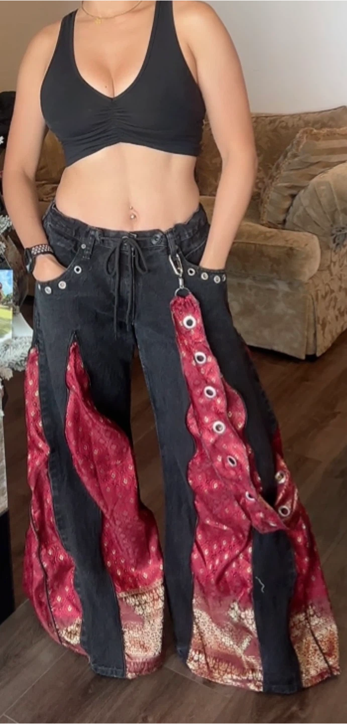 Wrangler Authentics Black Denim Pants with Red Brocade Insets