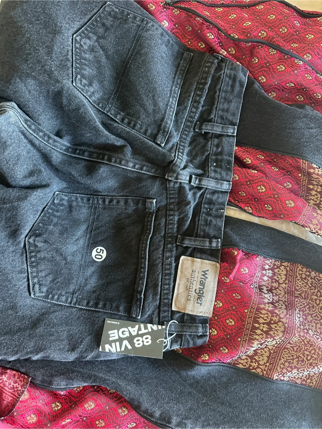 Wrangler Authentics Black Denim Pants with Red Brocade Insets - photo 3