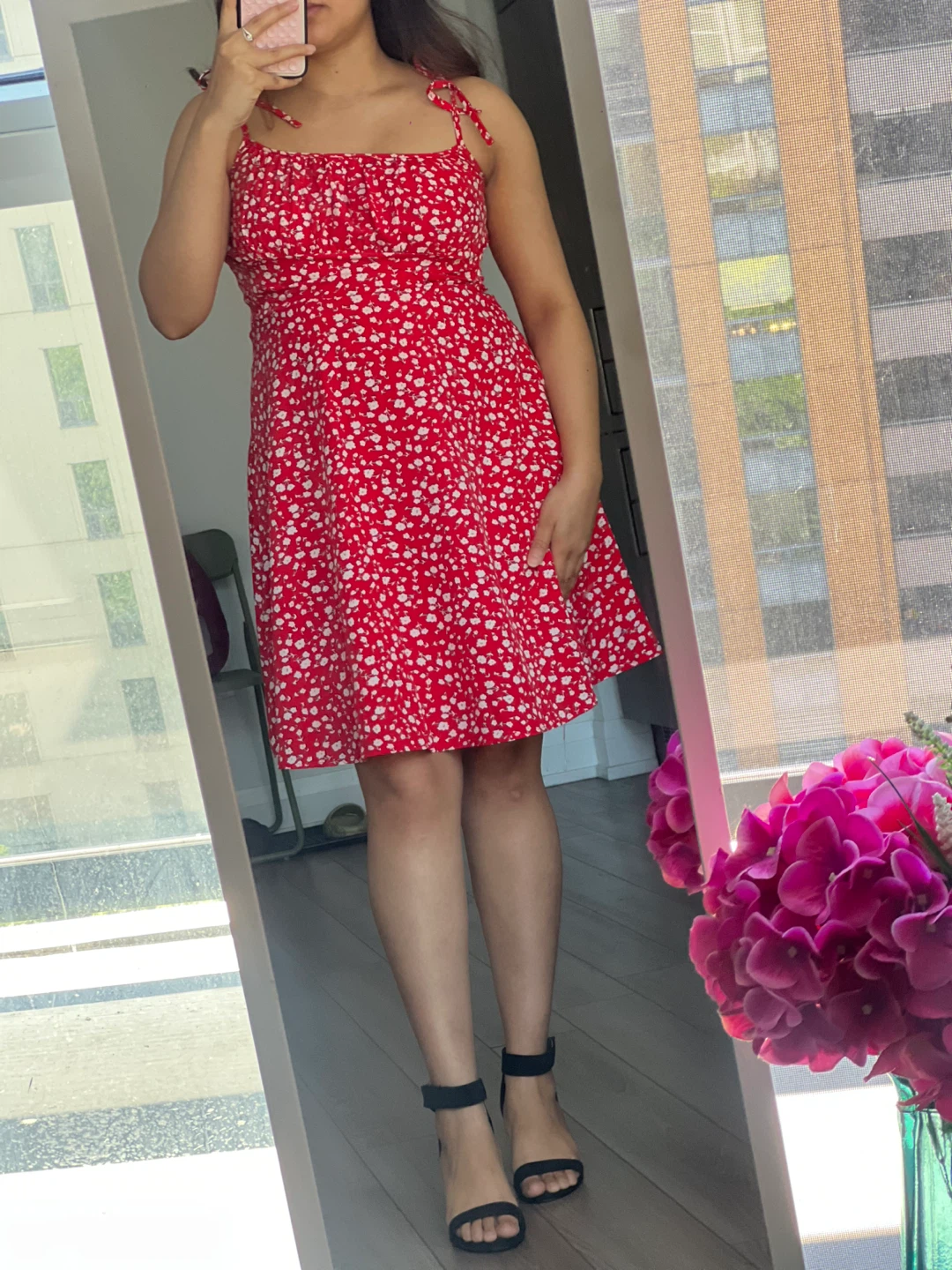 Red floral dress with tie straps - photo 2