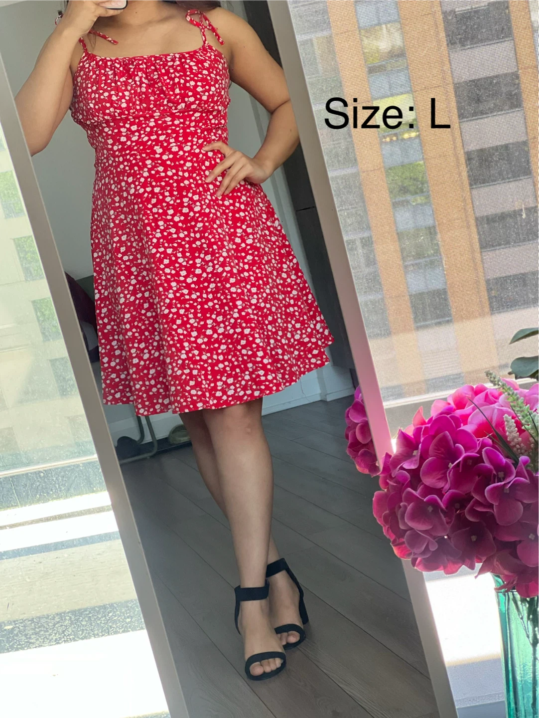 Red floral dress with tie straps