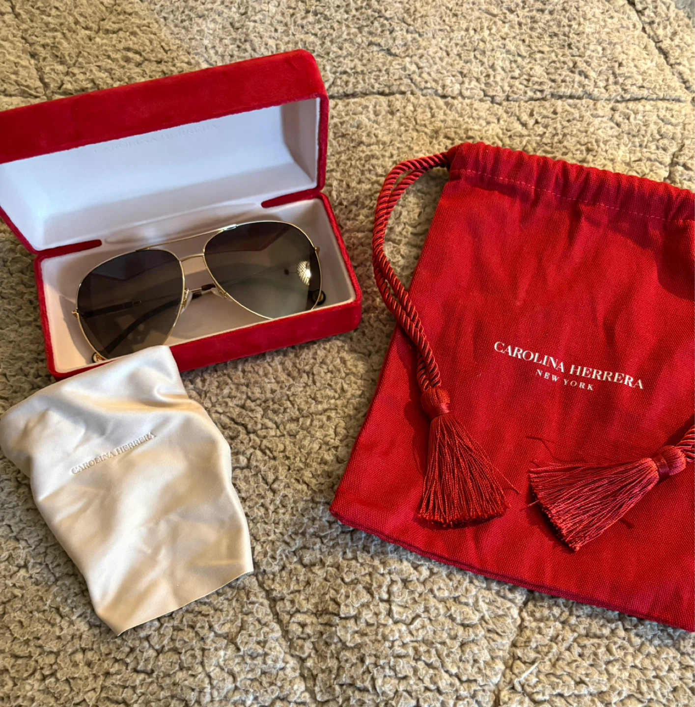 Carolina Herrera Gold Aviator Sunglasses with Case and Pouch