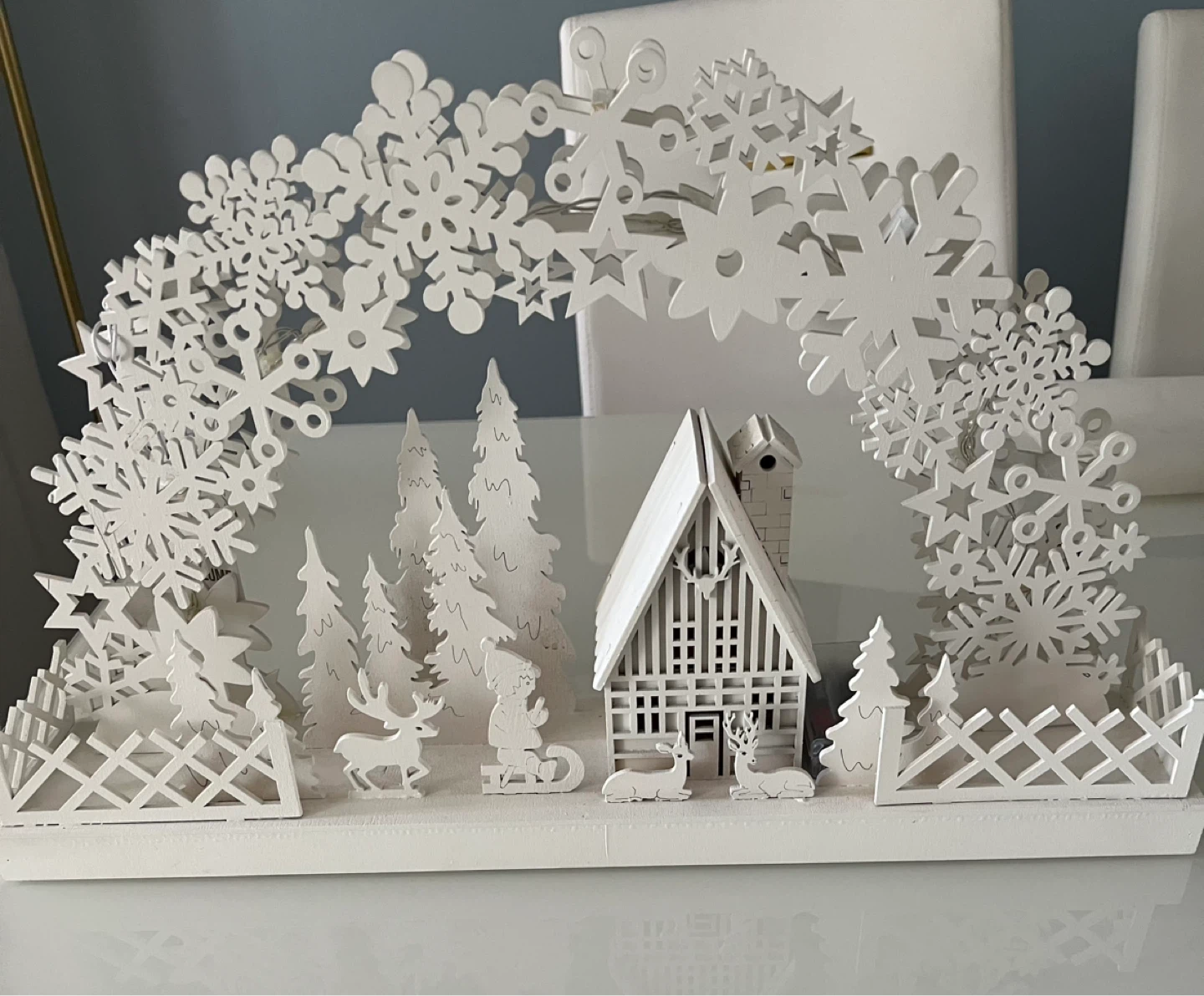 White Wooden Christmas Village Scene with Lights