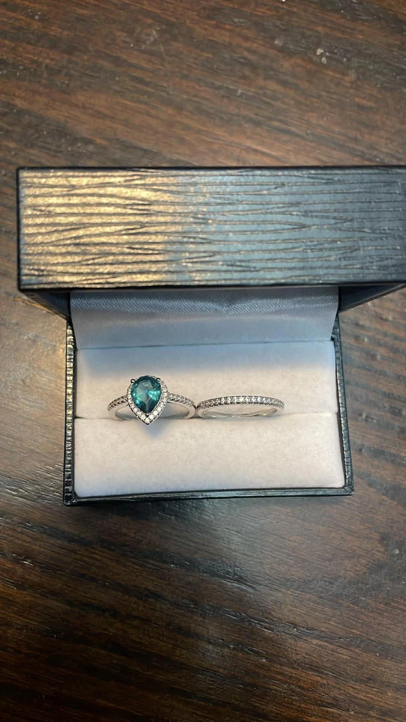 Pear Cut Teal Stone Ring with Diamond Band